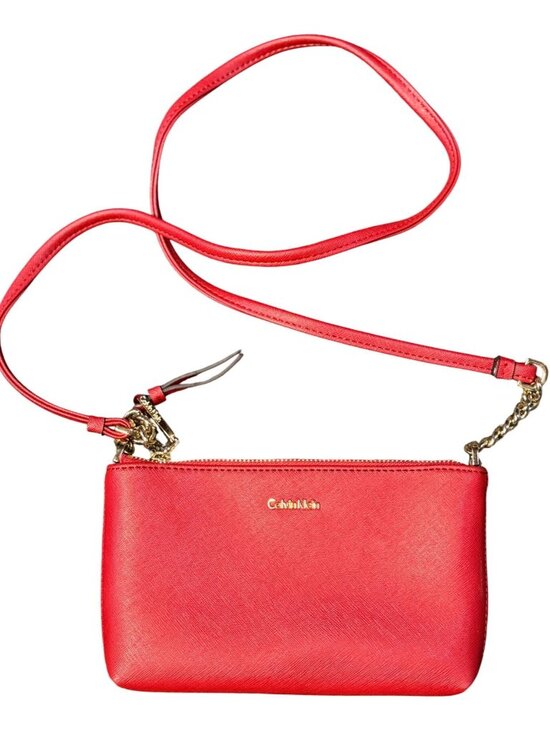 Calvin Klein Pink Red Mini Crossbody Bag Faux Leather Gold Chain Accent 5"x8" - Picture 1 of 6